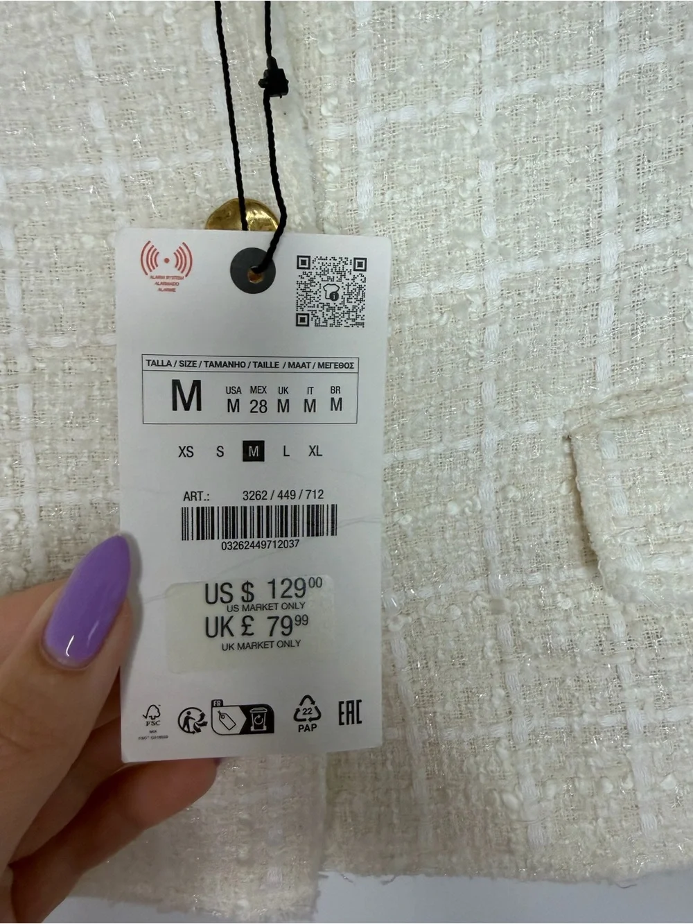NWT Zara Ivory Textured Tweed Blazer with Gold Buttons